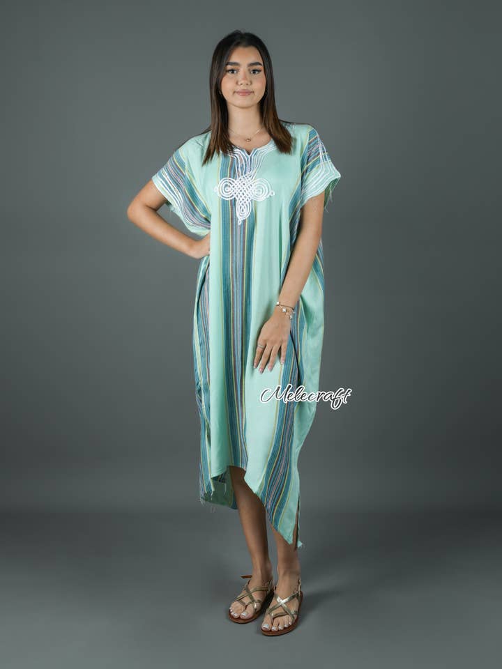 Melecraft - Vendita all'ingrosso Caftano - Donna - Caftano a righe marocchino per donna - Gandoura fatta a mano