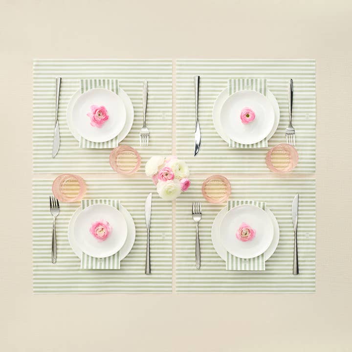 The Wine Savant / Khen Glassware - Wholesale Disposable Napkin - Green & White Striped Disposable Napkins & Placemats, 100pcs