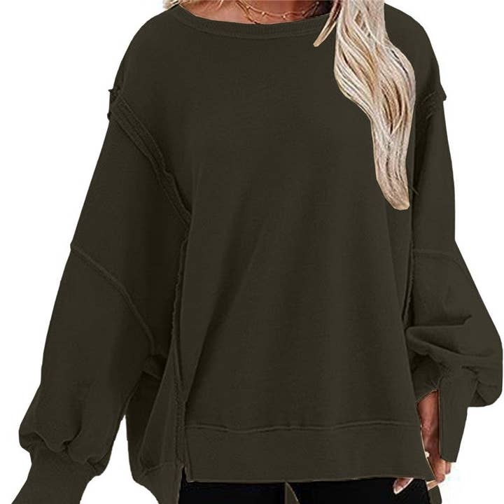 Sheer Trend - Wholesale Sweatshirt – Women's - Solid Color Round Neck Long Sleeve Loose Sweatshirt5