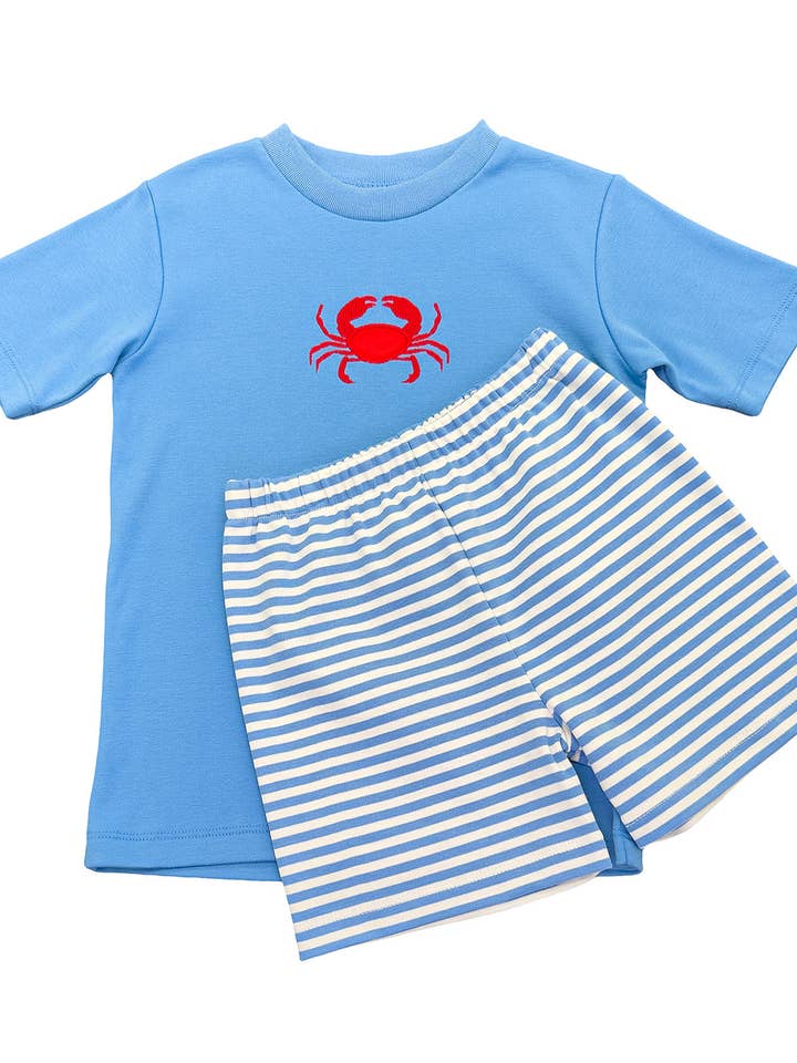 Two Piece Short Set- Blue Stripe Crab for wholesale by Saltwater Boys Company