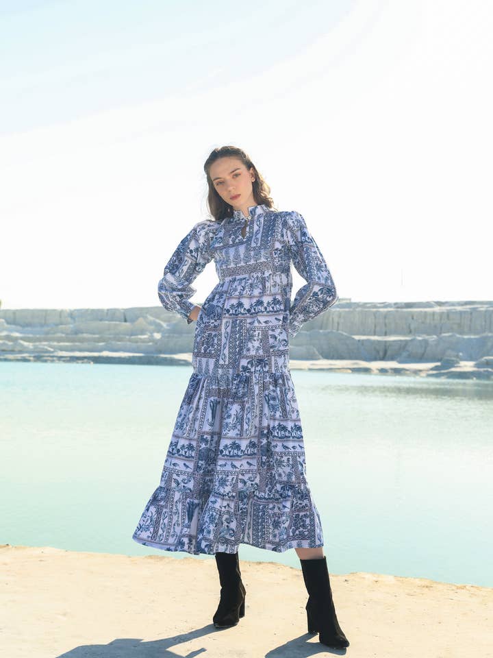 Blue brid print tier maxi dress for wholesale by BUTA BUTI