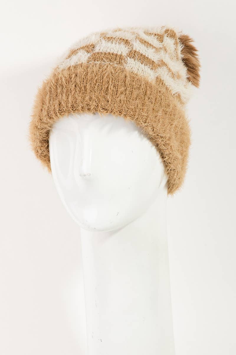 Collections by Fame Accessories - Wholesale Beanie - Women's - Fuzzy Pom Checkered Print Beanie1