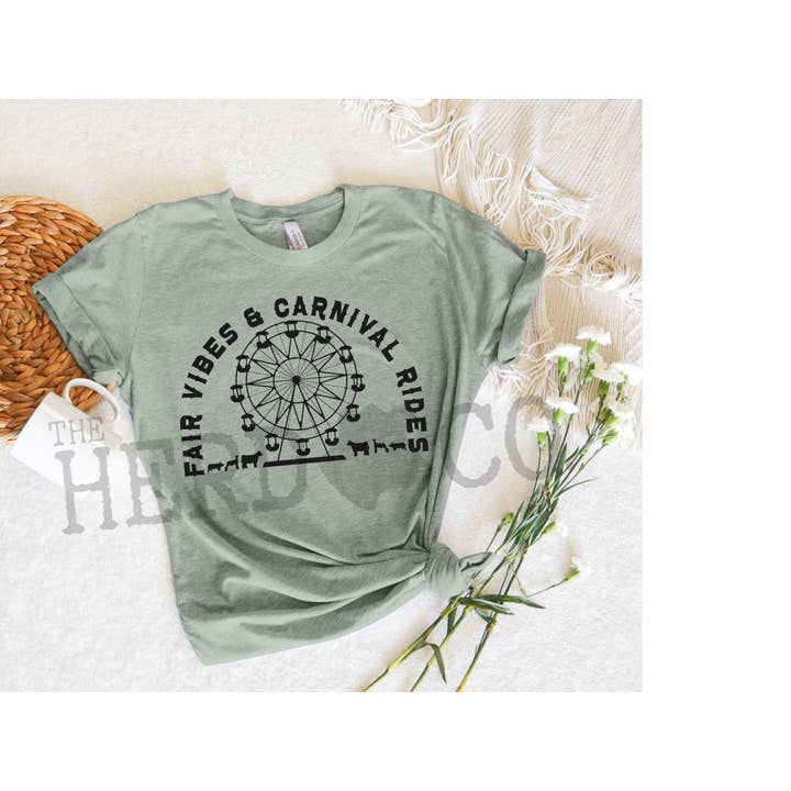 The Herd & Co - Wholesale Screen Printed T-Shirt - Women's - Fair Vibes & Carnival Rides - Sage T-shirt