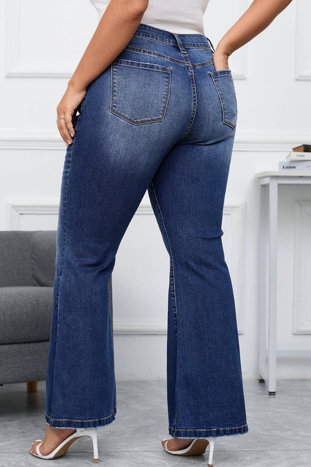 Aila Dark Blue Plus Size Stitching Flare Jeans for wholesale on Faire1