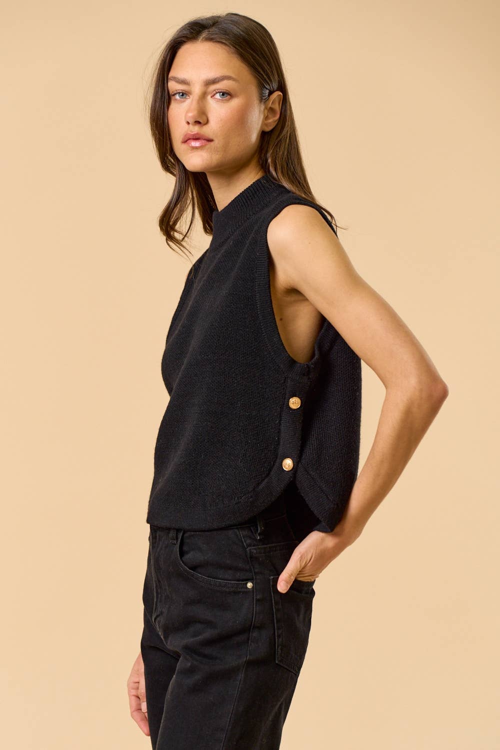 Black ILT5791 Mock Neck Sleeveless Sweater Top with Gold Button for wholesale on Faire4