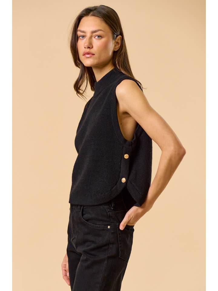 Black ILT5791 Mock Neck Sleeveless Sweater Top with Gold Button for wholesale on Faire4