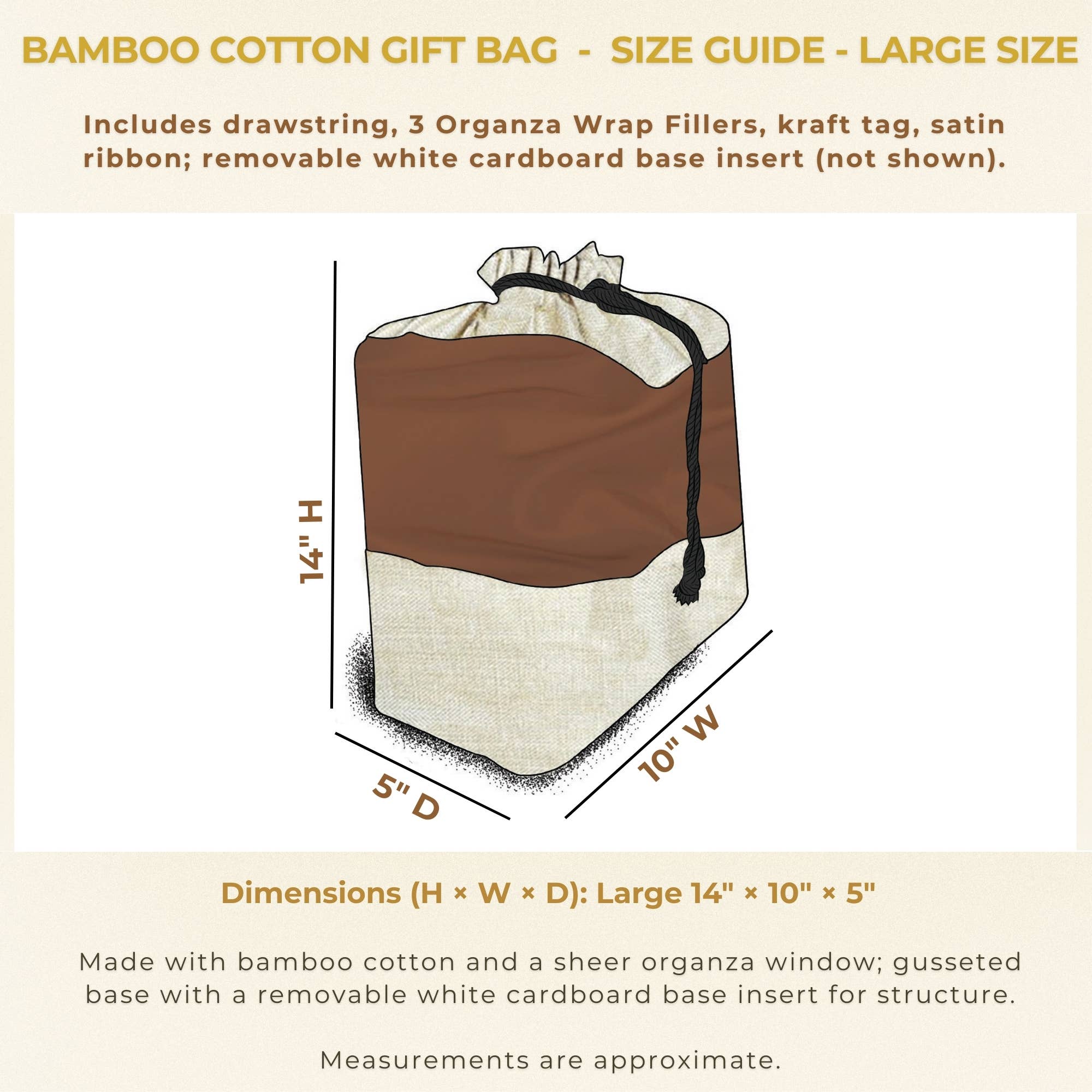 Beauty Blisss - Wholesale Gift Bag - Bamboo Cotton Gift Bag LARGE, Natural Beige, Tag, 3 Wraps3