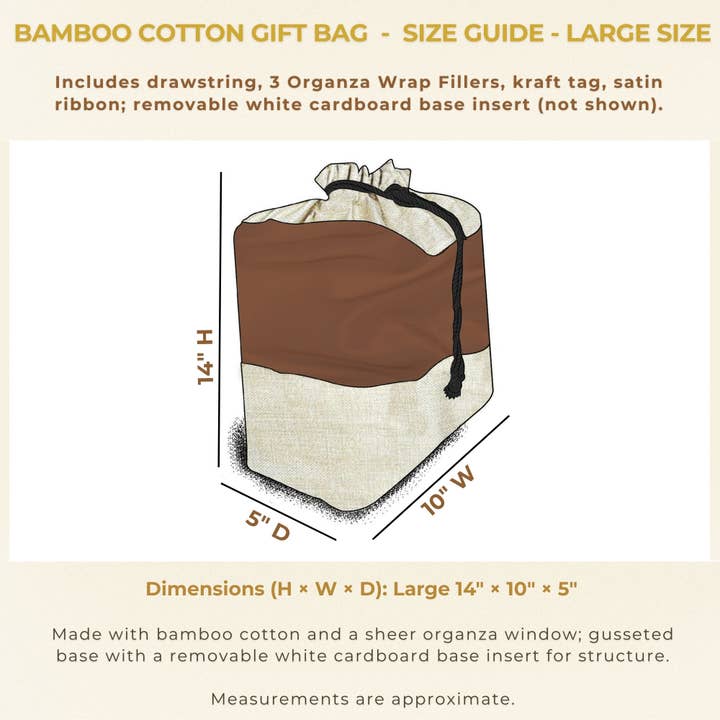 Beauty Blisss - Wholesale Gift Bag - Bamboo Cotton Gift Bag LARGE, Natural Beige, Tag, 3 Wraps3