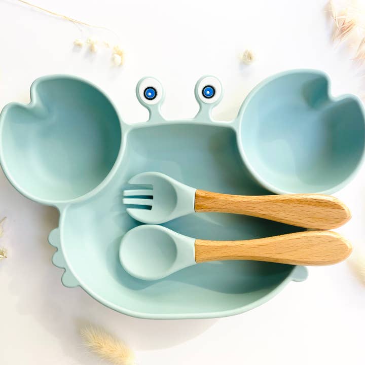Crab-shaped meal set+cutlery for children for wholesale by Les Petits Citrons