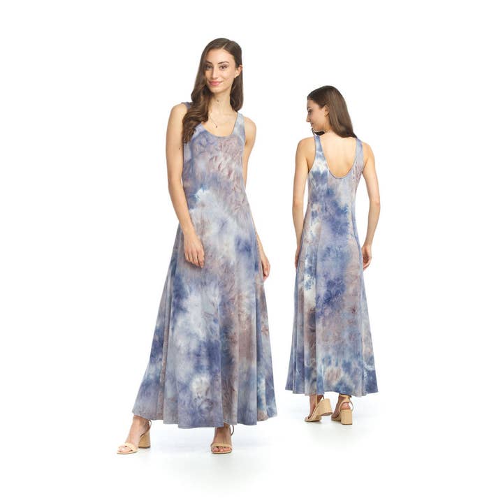 PD12552 BLÅ Maxiklänning med mjuk slipsfärgad panel för wholesale av Papillon