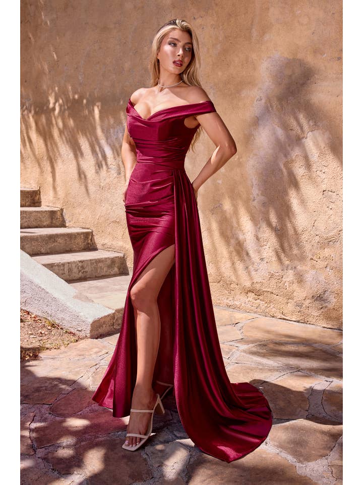 Ladivine by Cinderella Divine - Wholesale Gown – Women's - Off-the-shoulder neckline, ruched draping & high leg slit