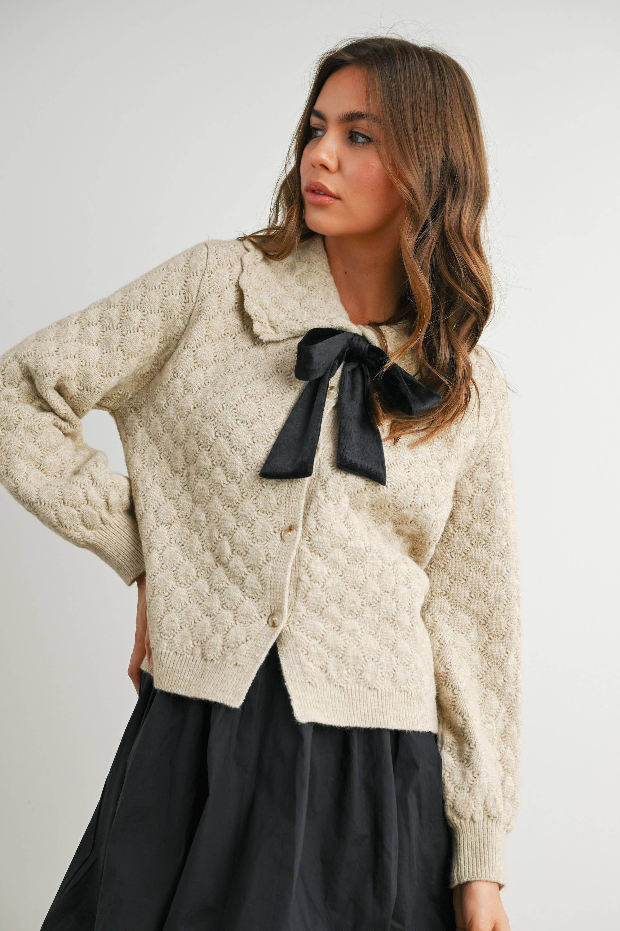BUTTERMELON - Wholesale Cardigan - Women's - Button-Up Bow Front Collared Long Sleeve Top - BMC777627