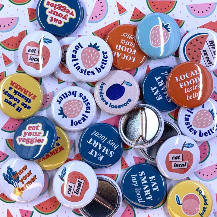 Ruth & Dottie - Wholesale Lapel Pin/Button - Eat local pinback button mix (for selling individually)