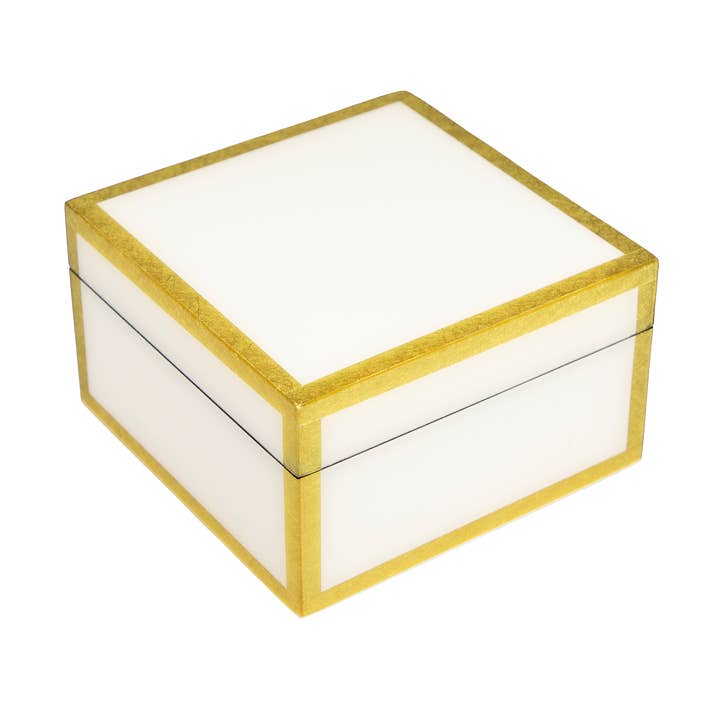 White Square Decorative Box Shine Gold Leaf Trim L-31FSWSGL for wholesale by Pacific Connections