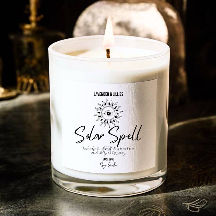 Solar Spell - Bougie en cire de soja - Verre transparent 8oz pour la vente par Lavender & Lillies