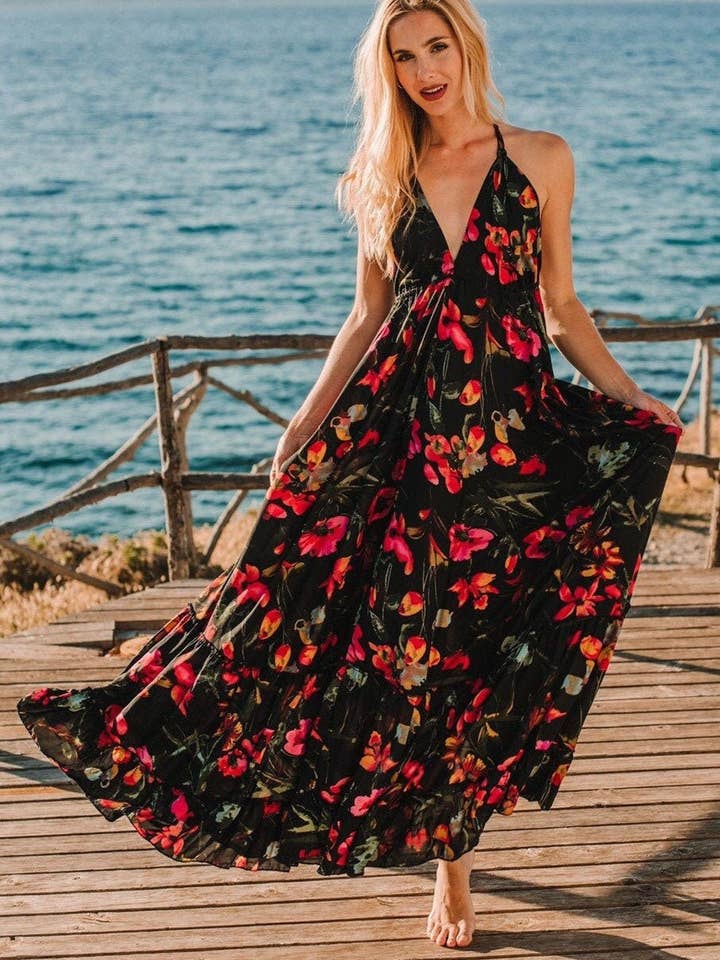 Black Floral Boho Maxi Summer Dress, Sexy Long Summer Dress, Silk Maxi Dress, Women's Dress, Resort Wear, Long Halter Dress, *Ibiza Dress for wholesale by Miss Kitsch