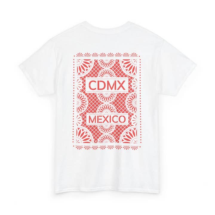 Papel Picado CDMX Mexico Wit T-shirt Rode print voor wholesale door Merch Paper Co