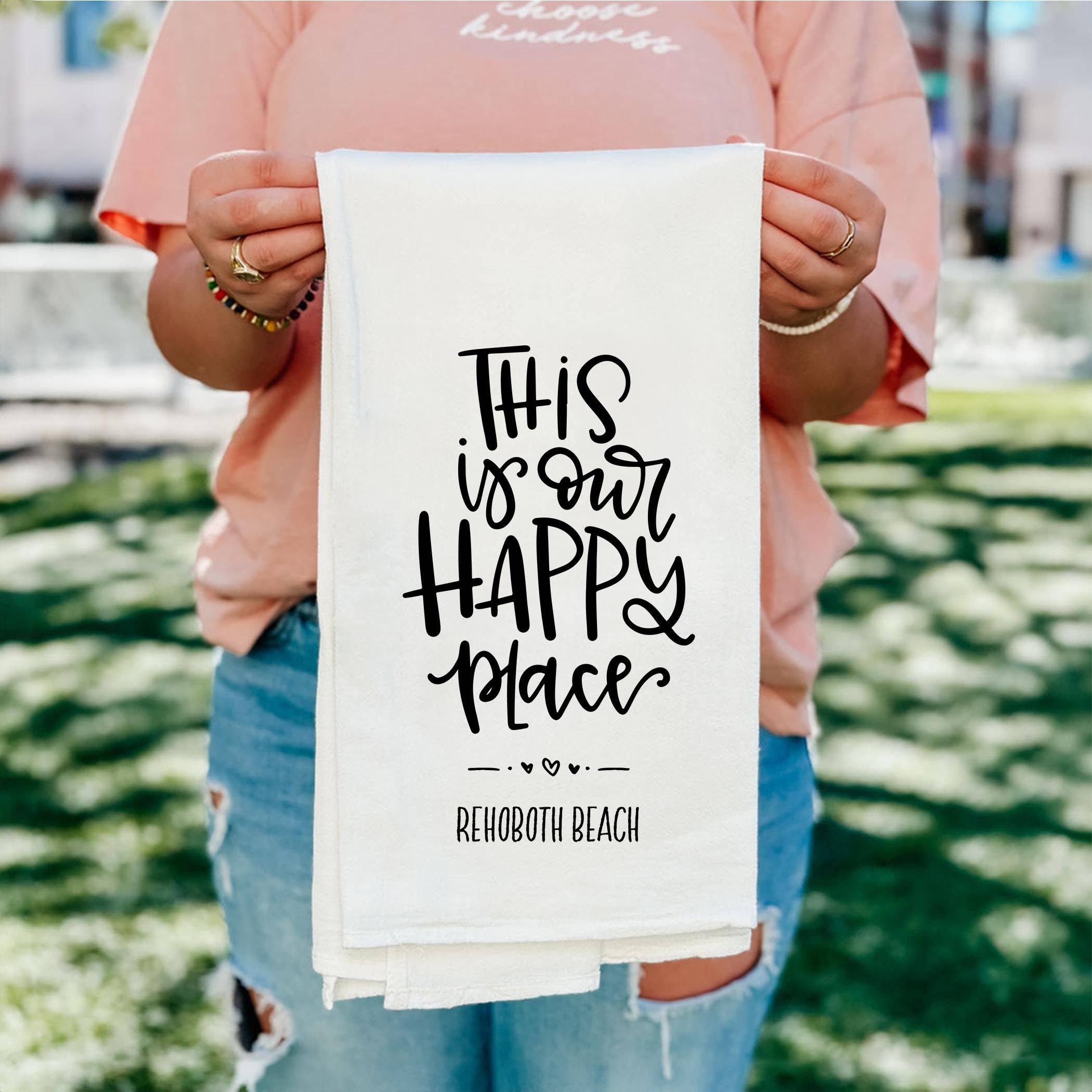 White Cotton Tea Towel White-This Is My Happy Place Rehoboth Beach for wholesale on Faire4