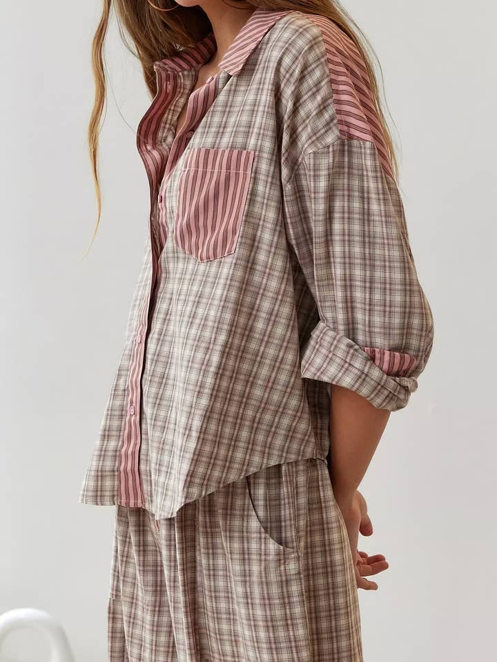 Rosa Clothing - Wholesale Sleepwear Set - Women's - Pink plaid patchwork loose pajama set2
