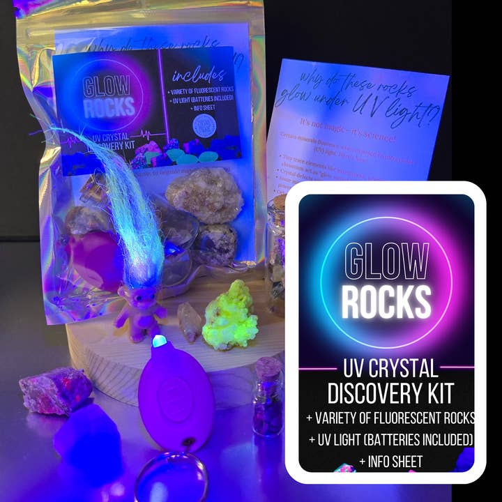 Mosaic Picnic - Wholesale Meditation Supplies - Glow Rock UV Crystal Kit with Flashlight, Fluorescent Rocks