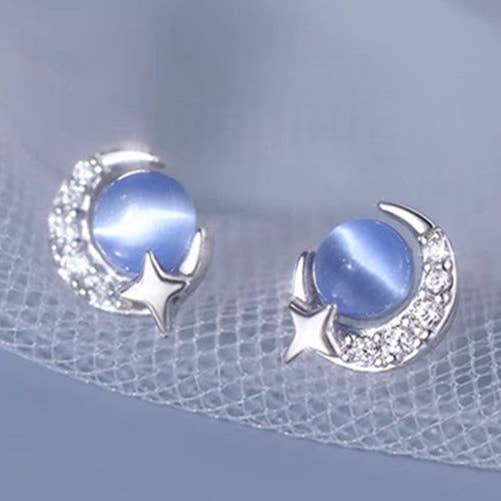 Blå Opal Moon Star Stud øreringe i 925 Sterling Sølv for engroshandel hos Perimade & Co. LLC