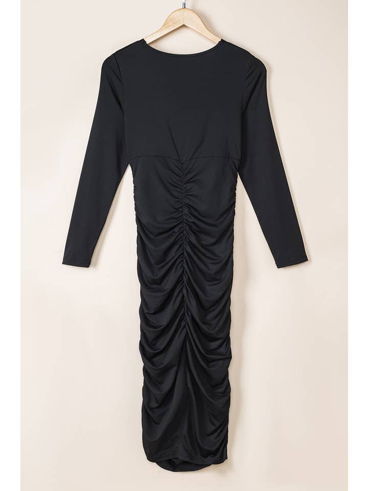 Black Solid Ruched Wrap V-Neck Midi Dress for wholesale on Faire6