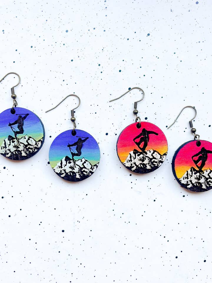 Snowboard & Ski Sunset Wooden Earrings, Pioneer Peak Alaska for wholesale by Ak Daisy Chain
