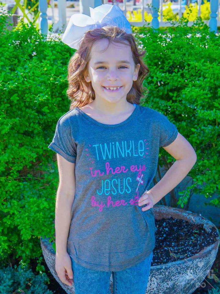 Girls' Twinkle In Her Eye, Jesus By Her Side Grey Tee for wholesale by GRACE+EMMA by Southern Grace