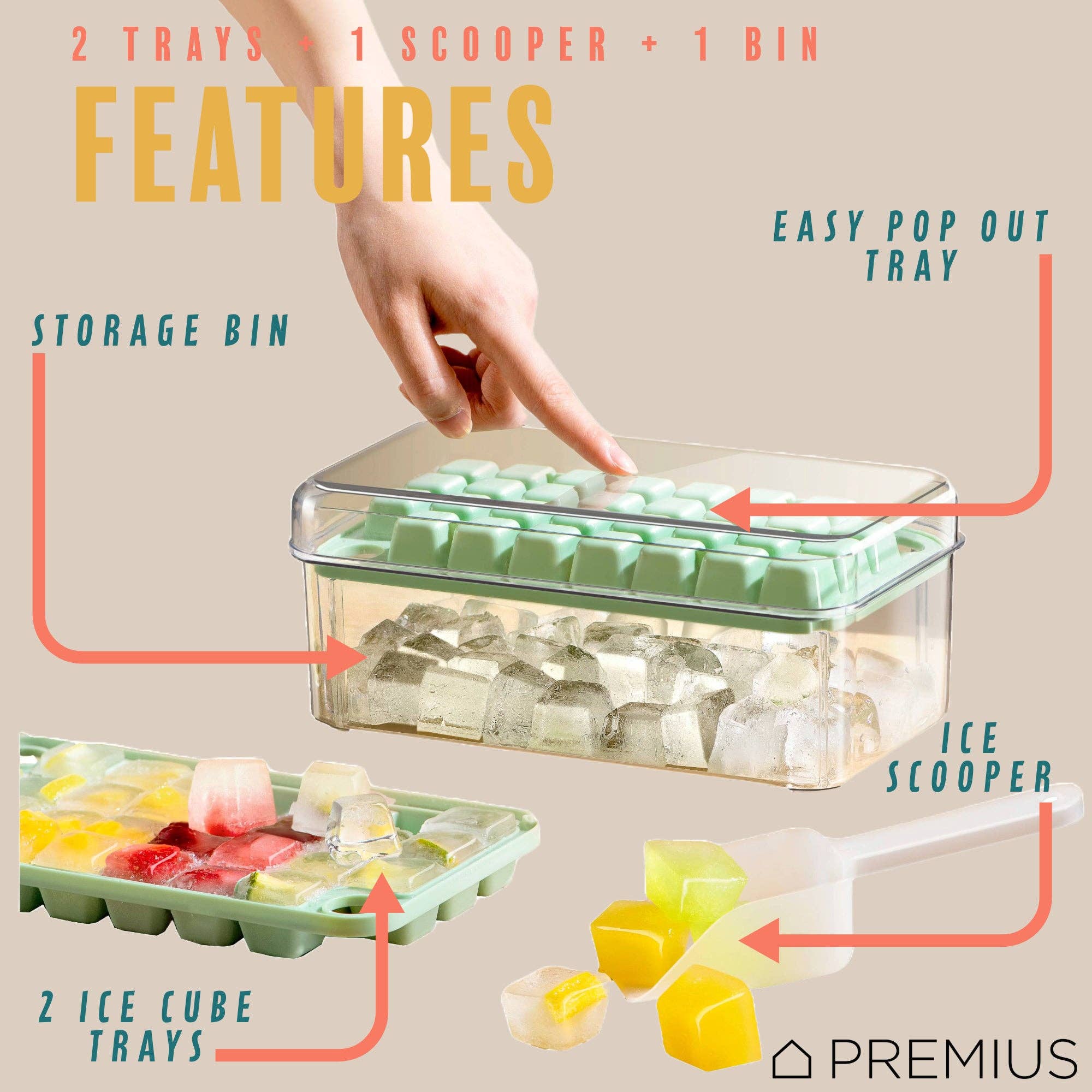 ShopBobbys - Wholesale Ice Tray/Mold - PREMIUS 2 Tray Ice Cube Tray with Container and Scoop, Green-Clear1