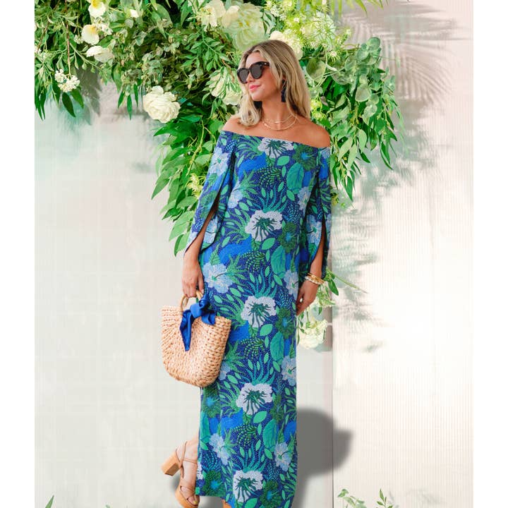 Ashby Maxi Dress Off Shoulder Open Front 3/4 Bat Slv SPR26 for wholesale by La Mer Luxe