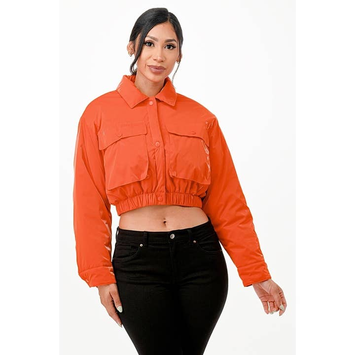 Glossy Cropped Puffer Bomber Jacket for wholesale by Esmeray Clothing