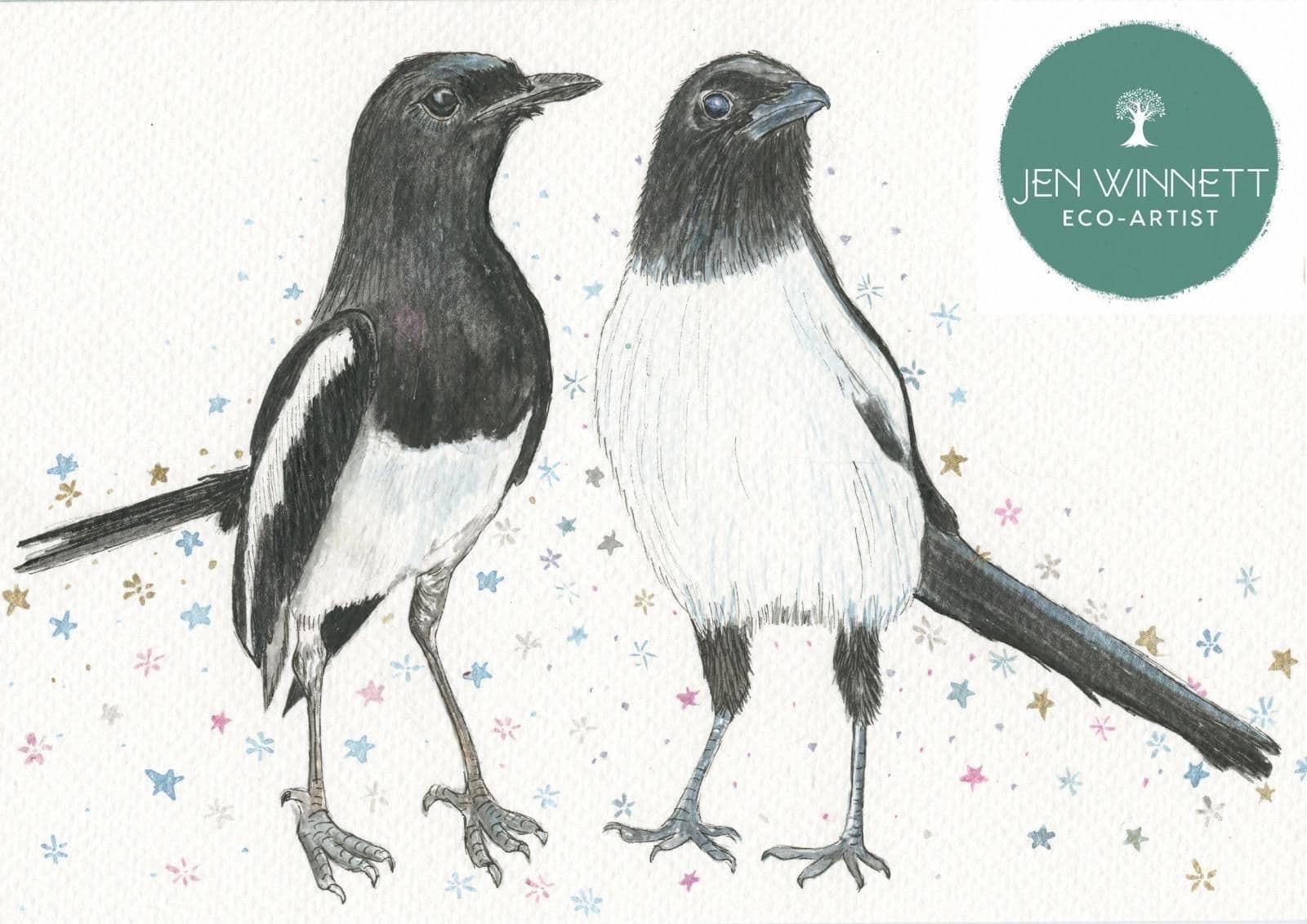 Jen Winnett Eco Artist - Vente Affiche d'art - Aquarelle signée Magpies Two for Joy, motif animalier, oiseau0