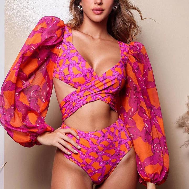 Sweetkama - Wholesale Two Piece Swimsuit - Women's - 3-Piece Floral Print Bikini Swimsuits with Cover Up