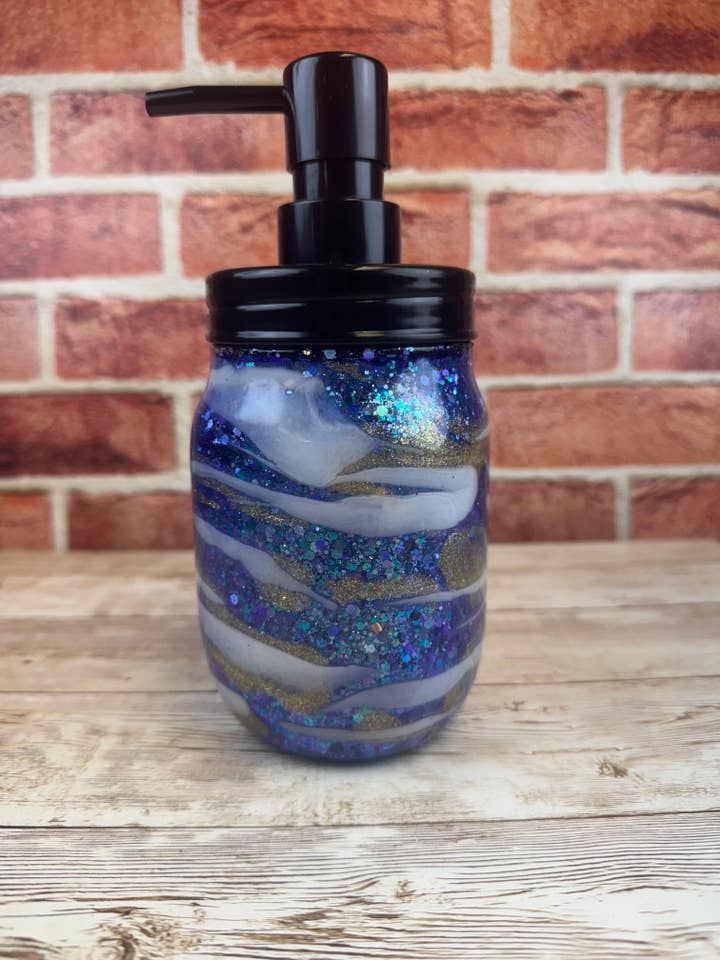 Liquid Soap Dispenser-Blue White and Gold Swirls for wholesale by Dandi Creations