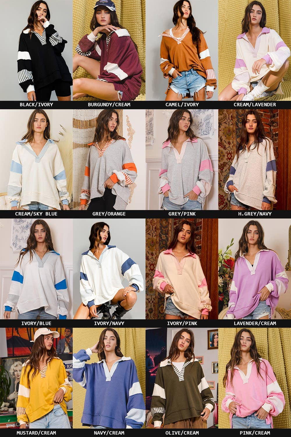 BUCKETLIST INC - Wholesale Knit Top - Women's - T2004 French Terry Knit Color-block Collared Loose Fit Top36