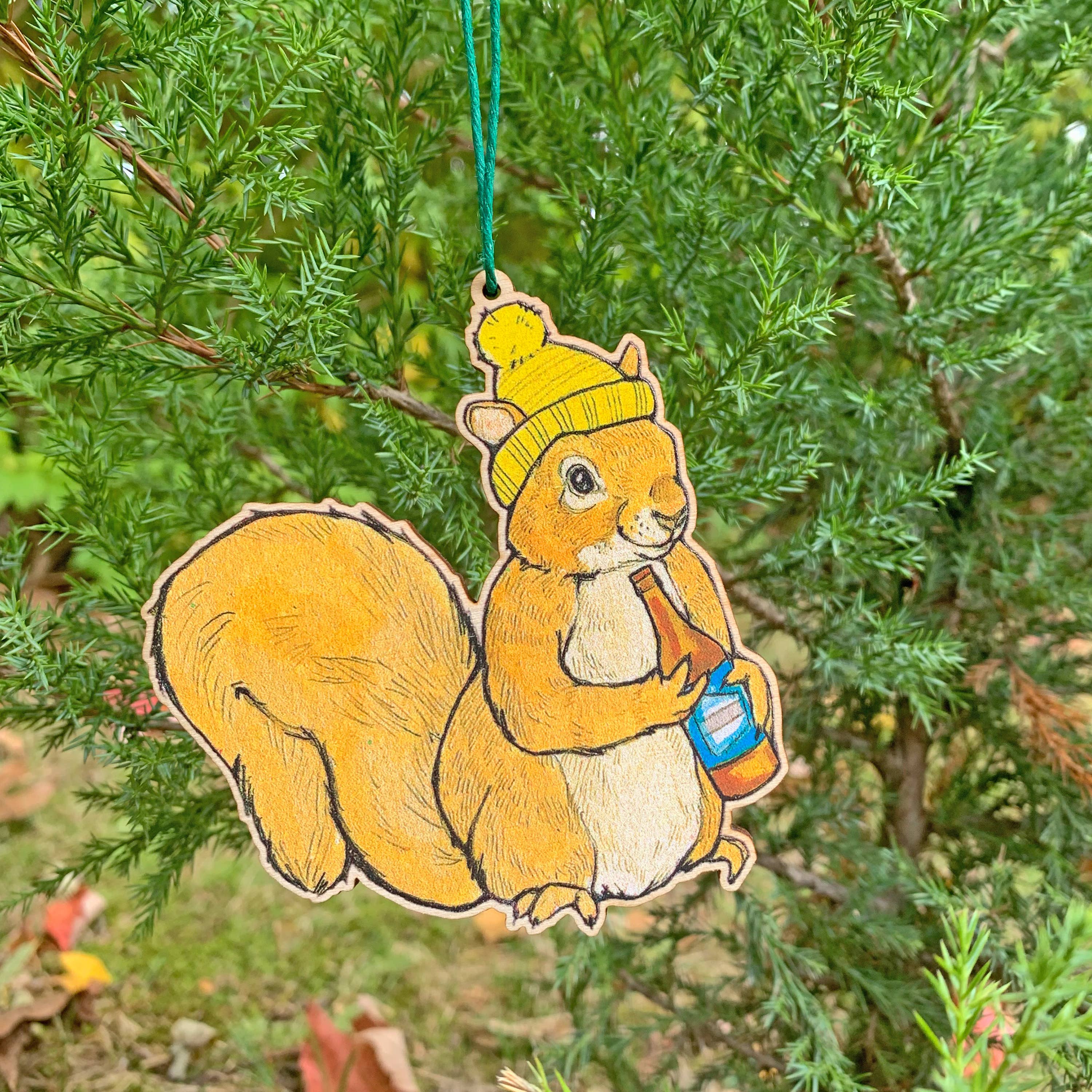 Sarah Draws Things - Wholesale Ornament - Beer Squirrel- 3.5" illustrated wooden tree ornament1