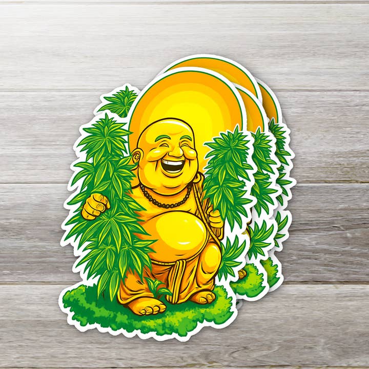 Lachender Buddha Cannabis • Lustiger Kiffer Spiritueller Aufkleber für den Großhandel von Ozark Sticker Company