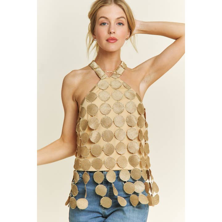 Top vintage court à crochet circulaire sans manches avec col halter et franges pour la vente par Sweet Generis