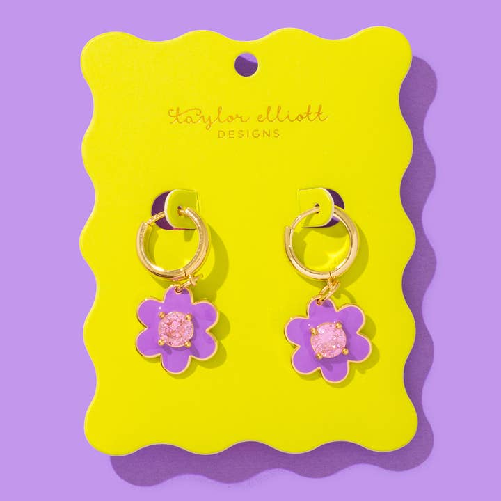 Taylor Elliott Designs - Wholesale Huggie Earrings - Huggie Earrings - Purple Flower w/ Pink Gem Dangles - Lucy