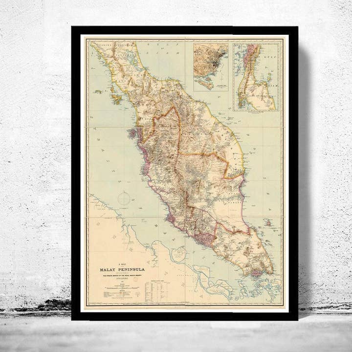 Gammal karta över Malackahalvön Singapore 1898 Vintagekarta | Vintagekarta Väggkonst Tryck för wholesale av OldCityPrints - Old Maps and Posters