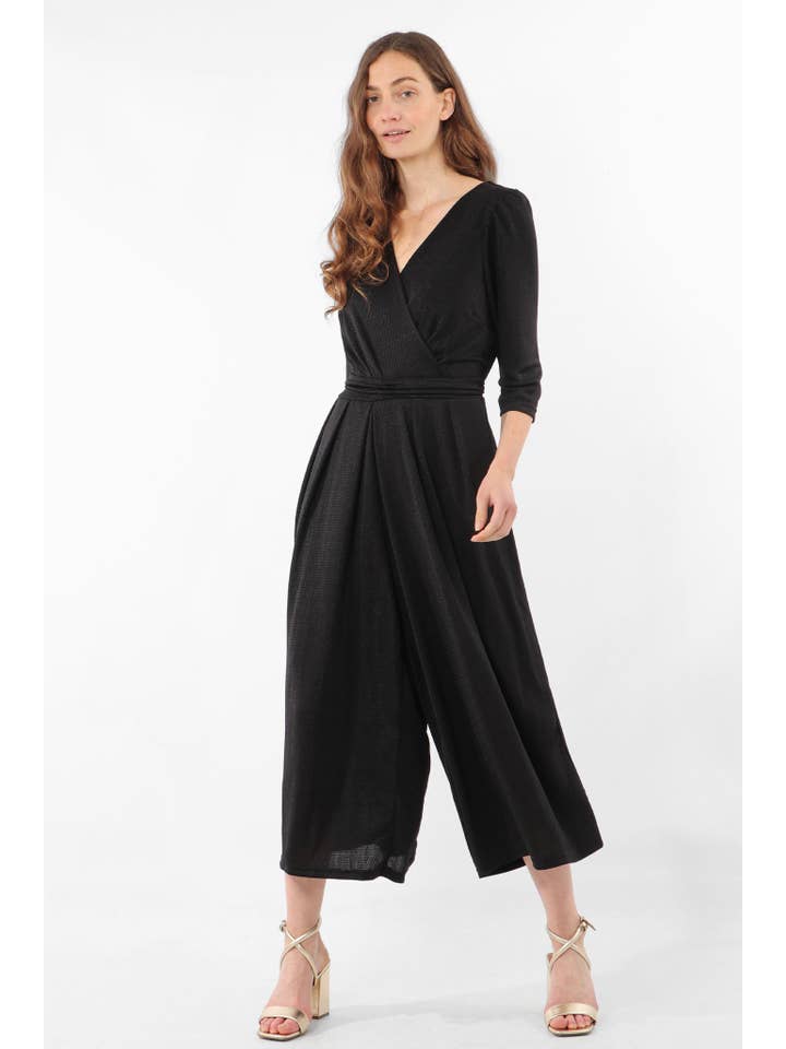 Sarta – Großhandel Jumpsuit – Damen – Weit geschnittener, verkürzter Jumpsuit - Schwarz, Glitzer