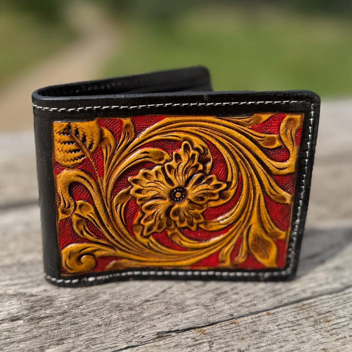Men’s Western bi-fold wallet Deep Red and Black Floral details by Double B Wild Rags for wholesale by Double B Wild Rags