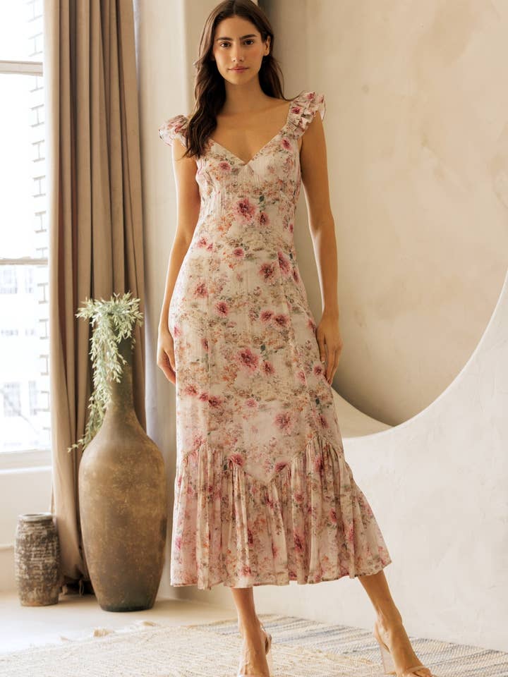 JD9062-1 - FLORAL RUFFLE STRAP MIDI DRESS for wholesale by STORIA