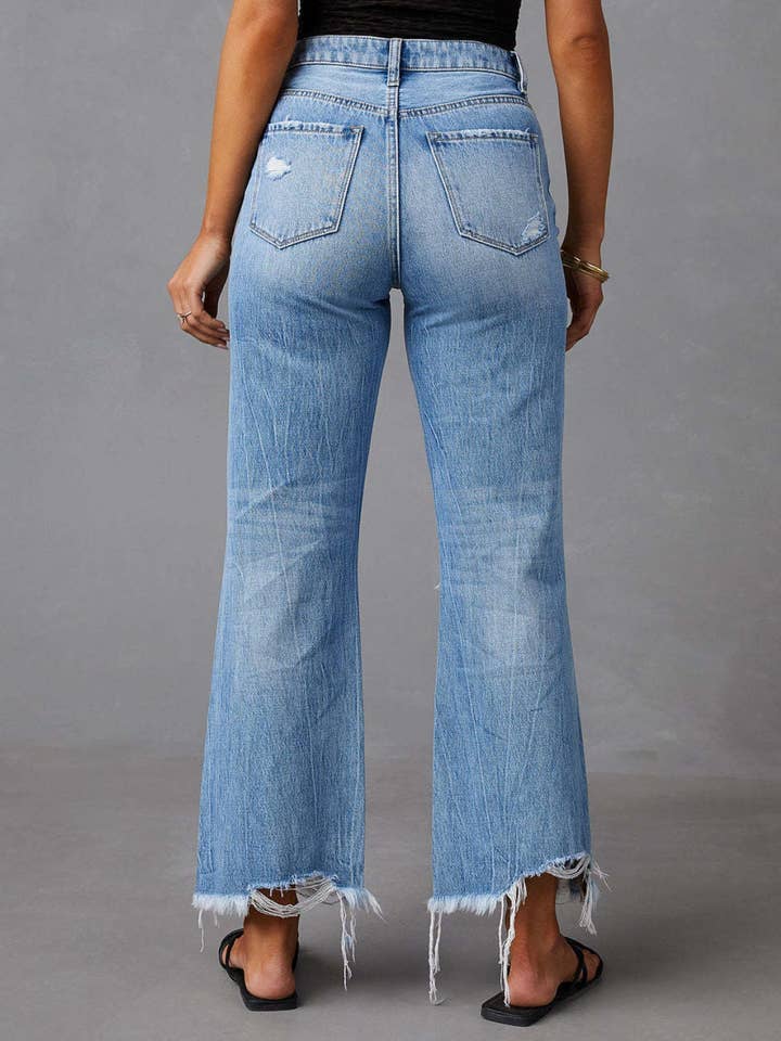 Misty Blue Distressed Raw Hem Jeans with Pockets for wholesale on Faire
