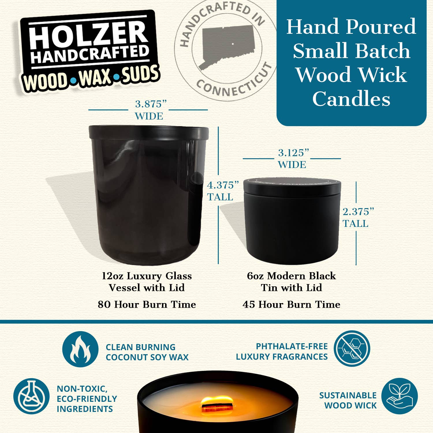Holzer Handcrafted ® - Wholesale Jar/Filled Candle - Custom Label | Wood Wick Candle | Coconut Soy Wax | 8 oz Modern Tin with Lid | Customized Label | Private Label | Co-branded | Hand-poured4