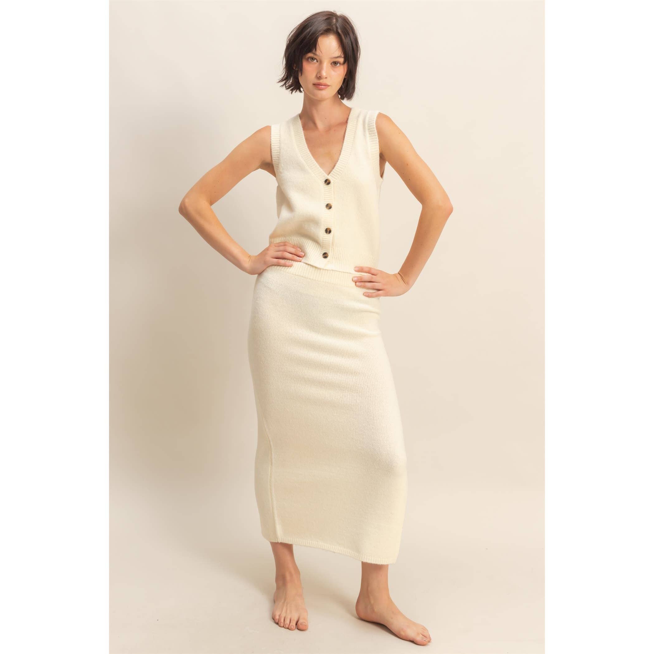 Double Zero - Wholesale Top & Skirt Set - Women's - Button Front Vest & Midi Skirt Knit Set28