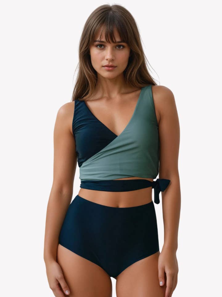 Top de baño Emery Wrap con copas extraíbles y braguita de bikini para venta al por mayor de Calypsa