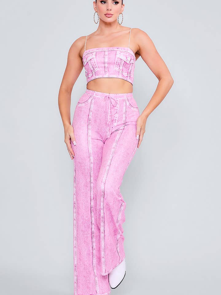 BP2723-SET_DENIM PRINT CROP TOP & WIDE PANTS SET for wholesale by Her Bottari