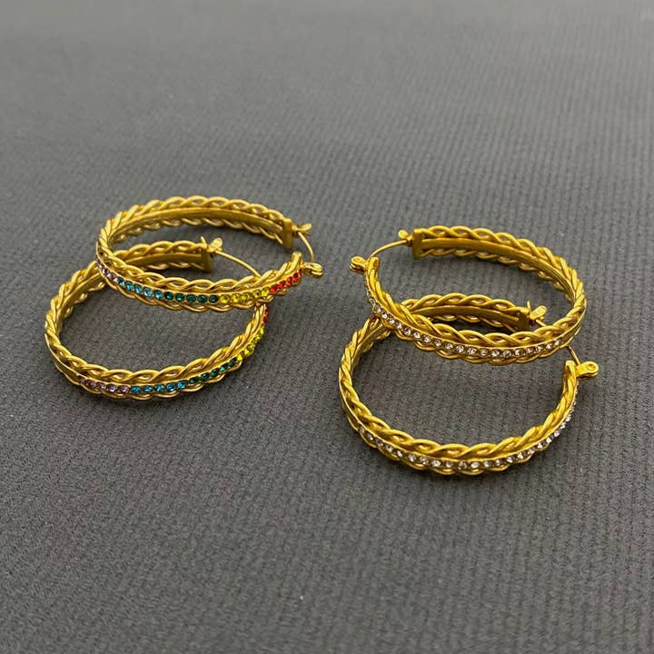 Inlaid Cubic Zirconia18K Gold Plated SS Hoop Earrings - FGS for wholesale by Mio Queena