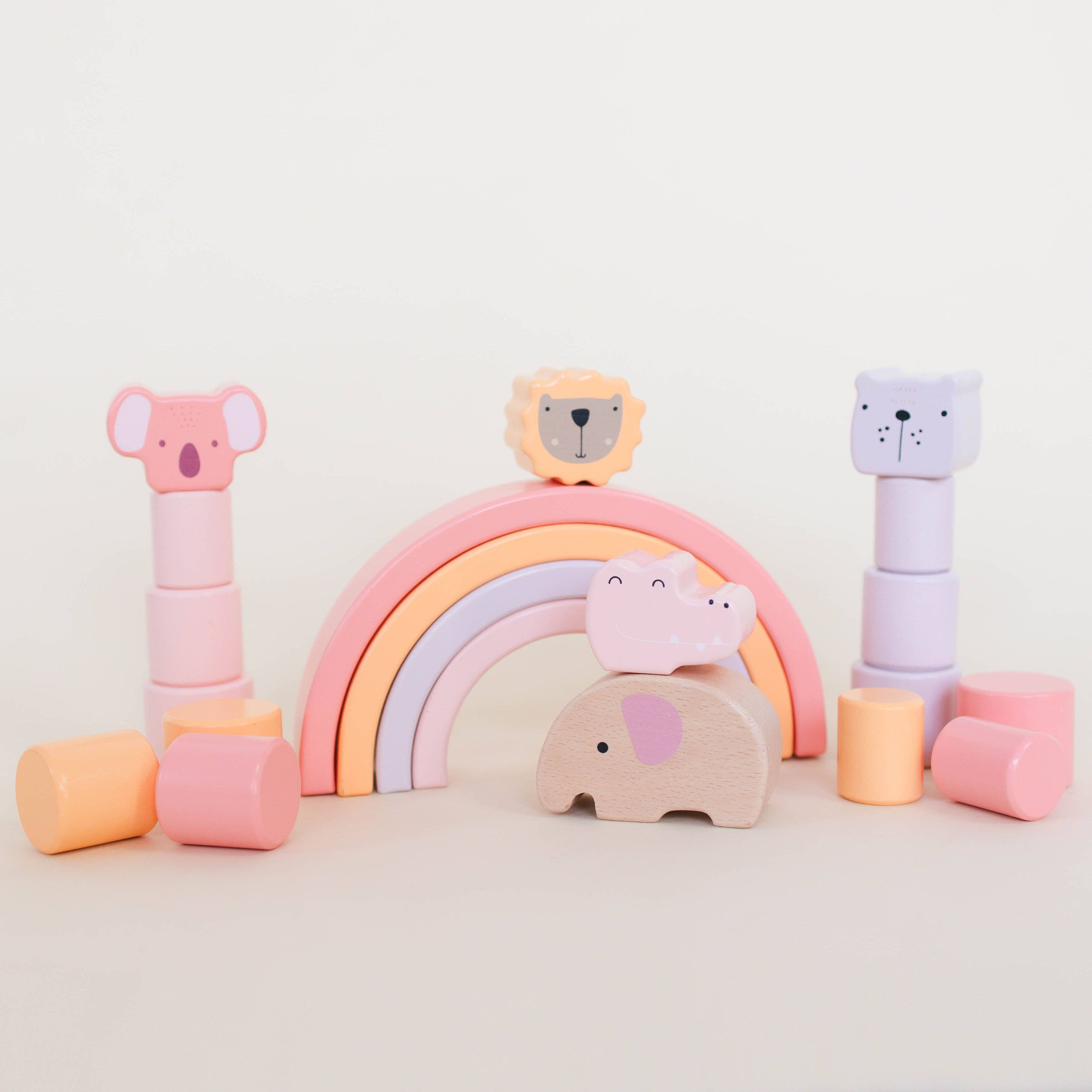 Spirit 'N Sprout - Wholesale Toy Set - Kids - CASE Pink Animal Stacking Set - Wooden Rainbow Stacking Toy 1